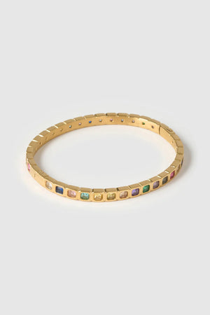 Quinn Gold Cuff Multi by Arms of Eve, a 14k gold PVD open cuff bracelet with coloured zircon stone detailing.
