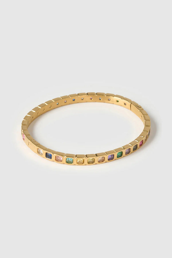 Quinn Gold Cuff Multi by Arms of Eve, a 14k gold PVD open cuff bracelet with coloured zircon stone detailing.