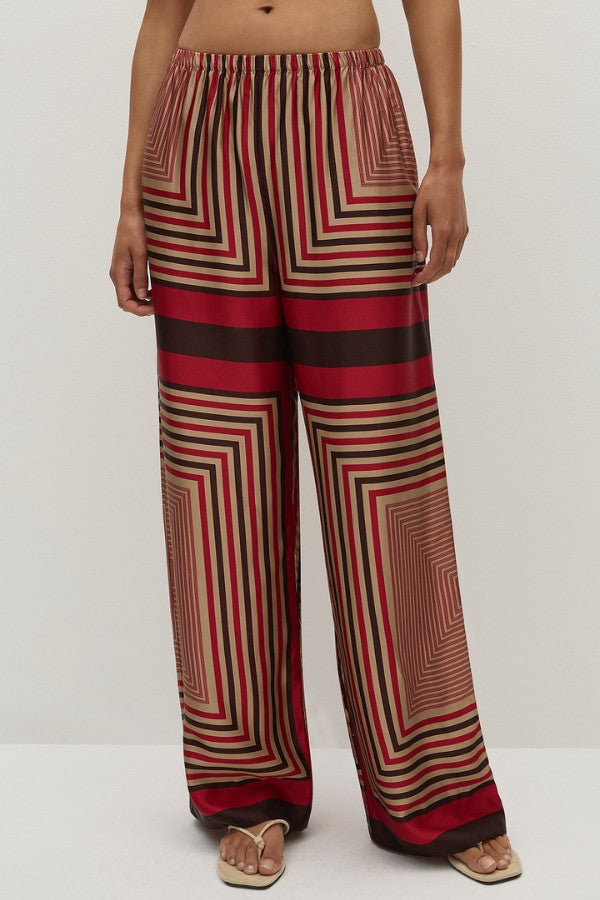 Faithfull the Brand Ylva Pant in Ylva Print, mid-rise straight leg with elastic waist in red-brown stripe. Perfect for chic co-ord styling.