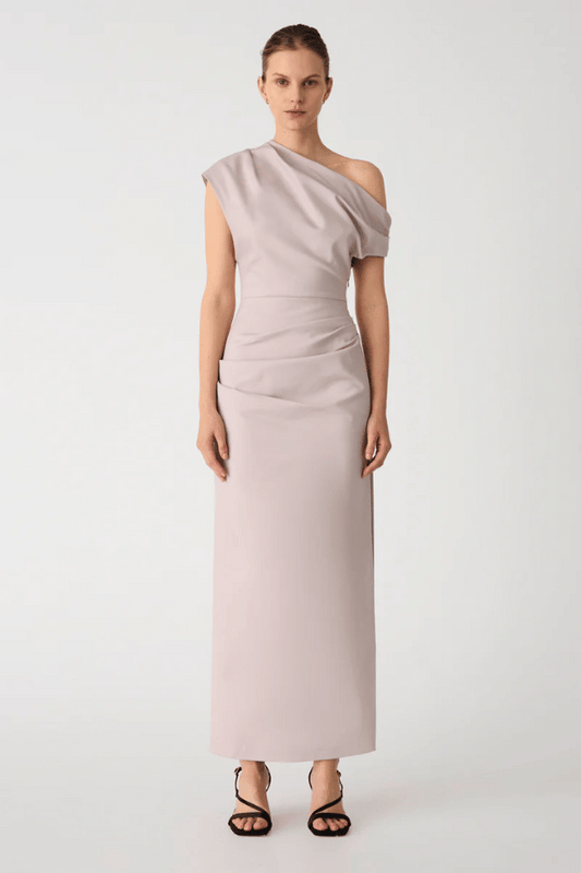 Gia Midi Dress Faded Silver by Misha – Designed in structured sateen, this midi features an asymmetric neckline and pleated shoulder detail.