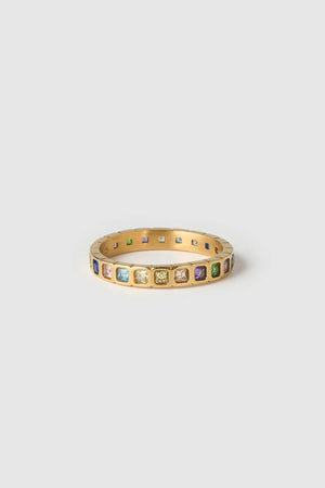Quinn Gold Ring Multi by Arms of Eve, a 14k gold PVD stacking ring with multi-coloured cubic zirconia stones.