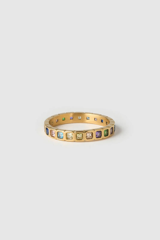 Quinn Gold Ring Multi by Arms of Eve, a 14k gold PVD stacking ring with multi-coloured cubic zirconia stones.