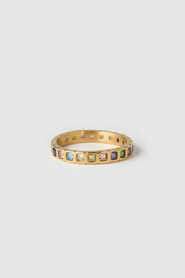 Quinn Gold Ring Multi by Arms of Eve, a 14k gold PVD stacking ring with multi-coloured cubic zirconia stones.