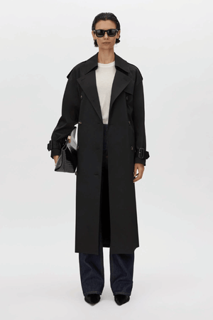 Evans Trench Coat Black by Camilla and Marc – oversized double-breasted trench with storm flaps and belt, perfect for chic layering across seasons.