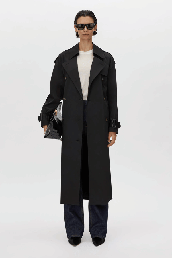 Evans Trench Coat Black by Camilla and Marc – oversized double-breasted trench with storm flaps and belt, perfect for chic layering across seasons.