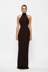 Rhi Gown Coffee by Effie Kats, a stretch crepe floor-length gown with high neck and open back. Perfect for timeless, elegant occasions.