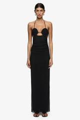 Delila Spiral Maxi Dress Black by Bec + Bridge – halter maxi dress with sculptural spiral bust detail and sleek silhouette.