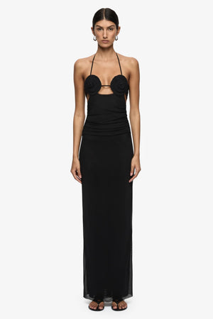 Delila Spiral Maxi Dress Black by Bec + Bridge – halter maxi dress with sculptural spiral bust detail and sleek silhouette.