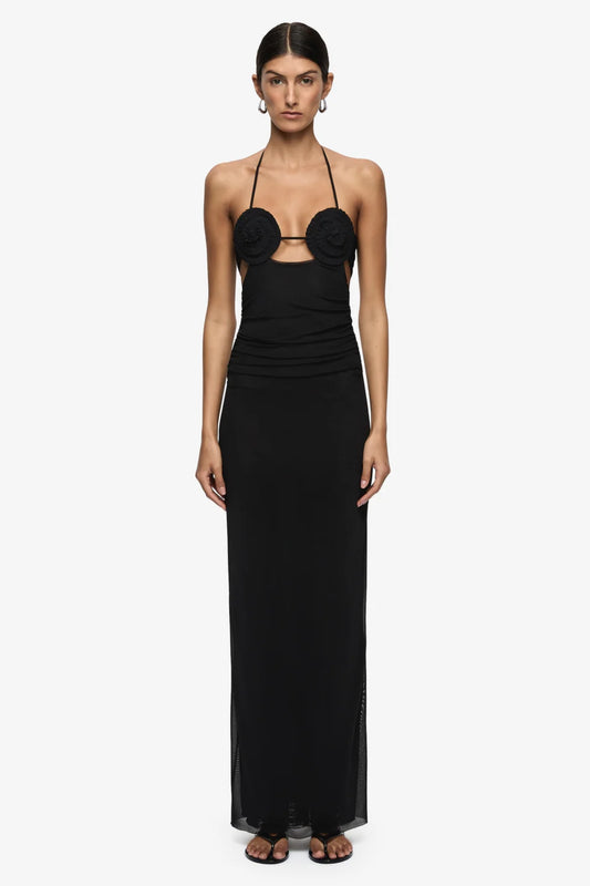 Delila Spiral Maxi Dress Black by Bec + Bridge – halter maxi dress with sculptural spiral bust detail and sleek silhouette.