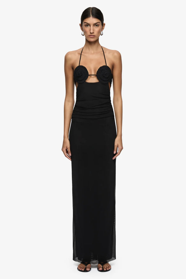 Delila Spiral Maxi Dress Black by Bec + Bridge – halter maxi dress with sculptural spiral bust detail and sleek silhouette.