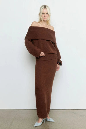 Sanna Off Shoulder Sweater Coffee by Sovere – Trendy off-shoulder knit with ribbed details and relaxed fit, perfect for chic, effortless everyday style.