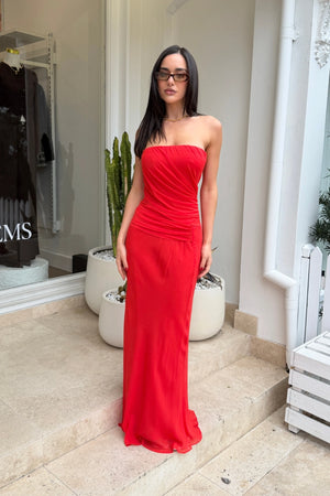 Xanthi Strapless Maxi Dress Flame by Bec + Bridge – strapless draped maxi dress with gathered bodice and drop waist silhouette.