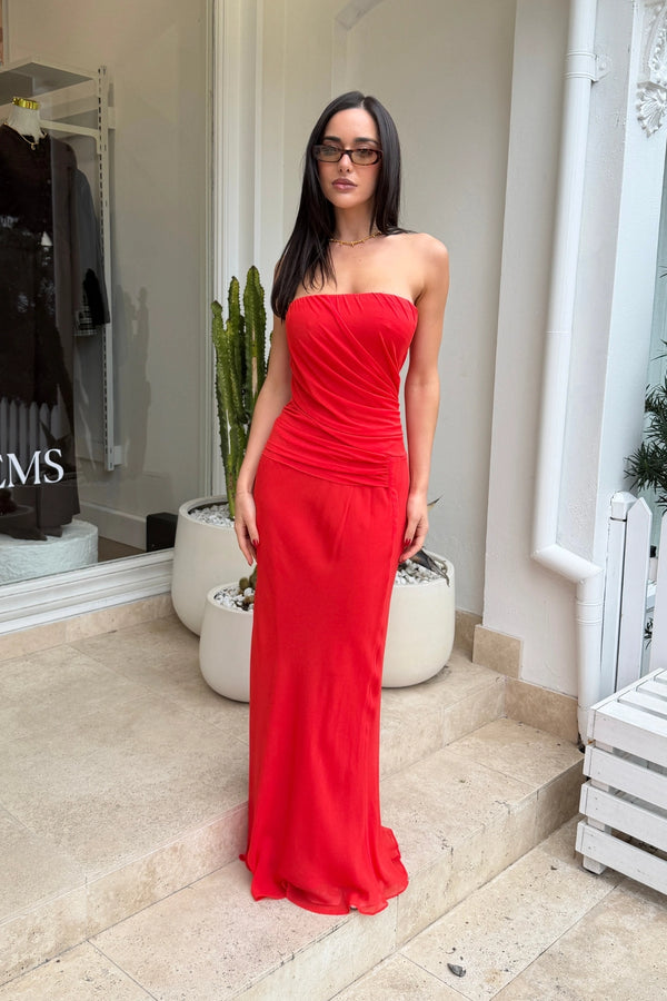 Xanthi Strapless Maxi Dress Flame by Bec + Bridge – strapless draped maxi dress with gathered bodice and drop waist silhouette.