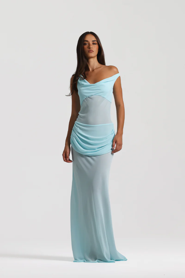 Cadence Dress Baby Blue by Natalie Rolt – Romantic off-shoulder silhouette with a removable corset and draped georgette skirt for fluid elegance.