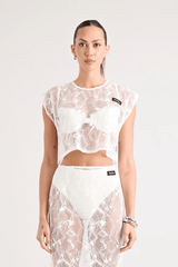 Astrid Lace Top White by Pfeiffer, dreamy lace with keyhole back and relaxed fit, perfect for trendy viral layering over bras or bikinis and chic day-to-night styles.