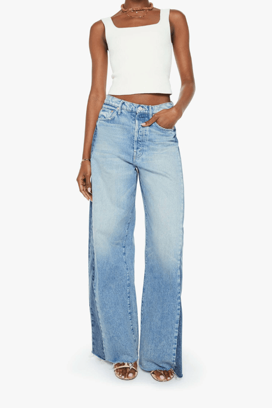 Pipe Dream Button Sneak Fray in Blinded By The Dark by MOTHER, Super high-rise rigid jeans with barrel-leg fit and frayed hem for vintage-meets-modern style.