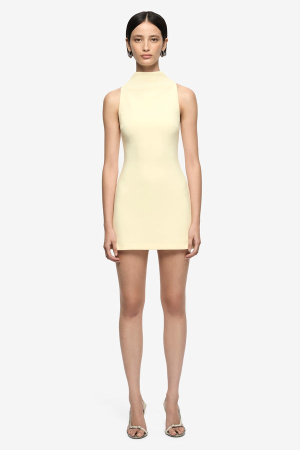 Gemma Racer Mini Dress Lemon Sorbet by Bec + Bridge, fitted racer neck mini dress, perfect for summer events