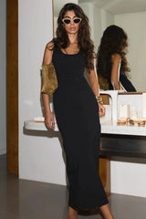 Cotton Mix Volume Midi Dress Black by Odd Muse – fitted sleeveless midi dress with waist cinch and scoop neckline.