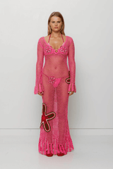 Elke Crochet Maxi Dress Candy by The Wolf Gang, handwoven with floral crochet in a relaxed silhouette. Perfect layered over swimwear this summer.