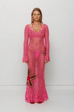 Elke Crochet Maxi Dress Candy by The Wolf Gang, handwoven with floral crochet in a relaxed silhouette. Perfect layered over swimwear this summer.