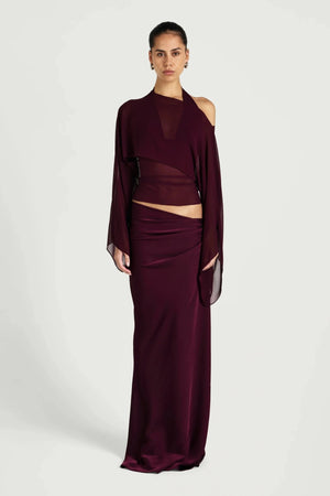 Ira Maxi Dress by Benni, halter mesh and satin maxi dress with chiffon shawl, perfect for evening events