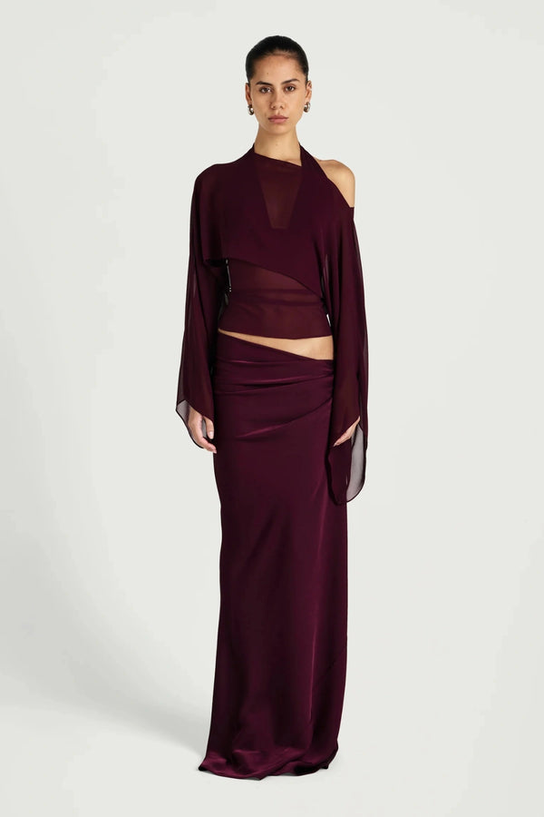 Ira Maxi Dress by Benni, halter mesh and satin maxi dress with chiffon shawl, perfect for evening events