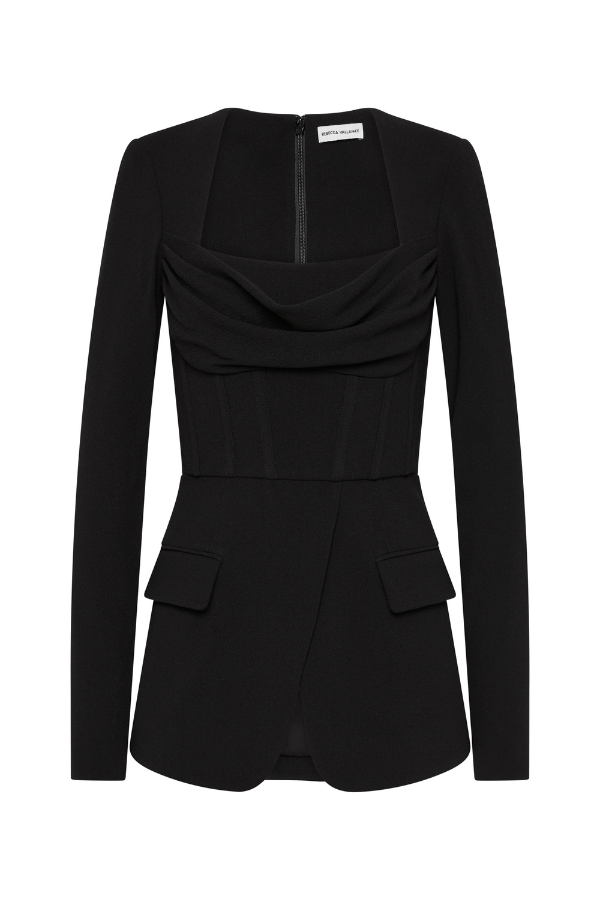 Bethany Top Black by Rebecca Vallance – A chic, structured bonded crepe top with a corseted silhouette, cowl bust, and sleek details for stylish desk-to-dinner looks.