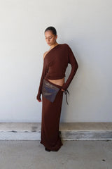 Enya Maxi Dress Chocolate by Benni, off shoulder jersey gown with twist waist, perfect for events or evening styling