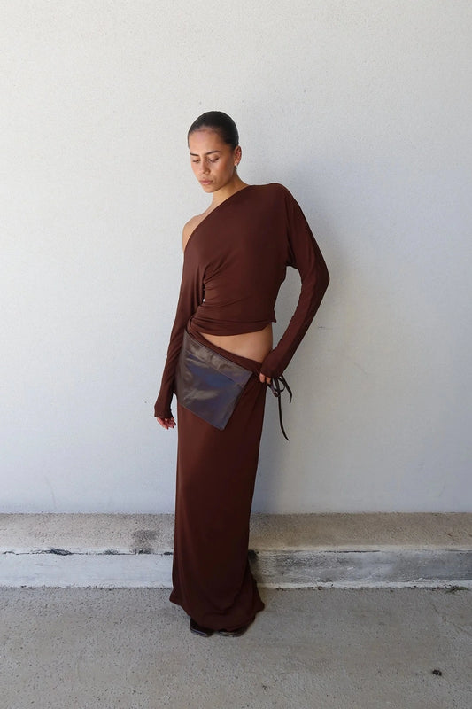 Enya Maxi Dress Chocolate by Benni, off shoulder jersey gown with twist waist, perfect for events or evening styling