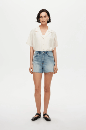 Ryder Short Cosmic by Neuw Denim, a trendy high-rise short with a flattering silhouette, contrast stitching, and signature repair stitch. Perfect for all-season, sustainable style.