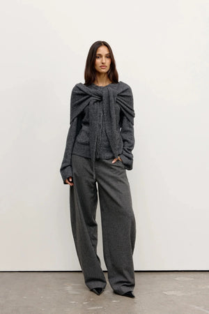 Cape Scarf Dark Heather Grey by Bayse – sculptural wool blend knit cape scarf for elevated cold weather layering.