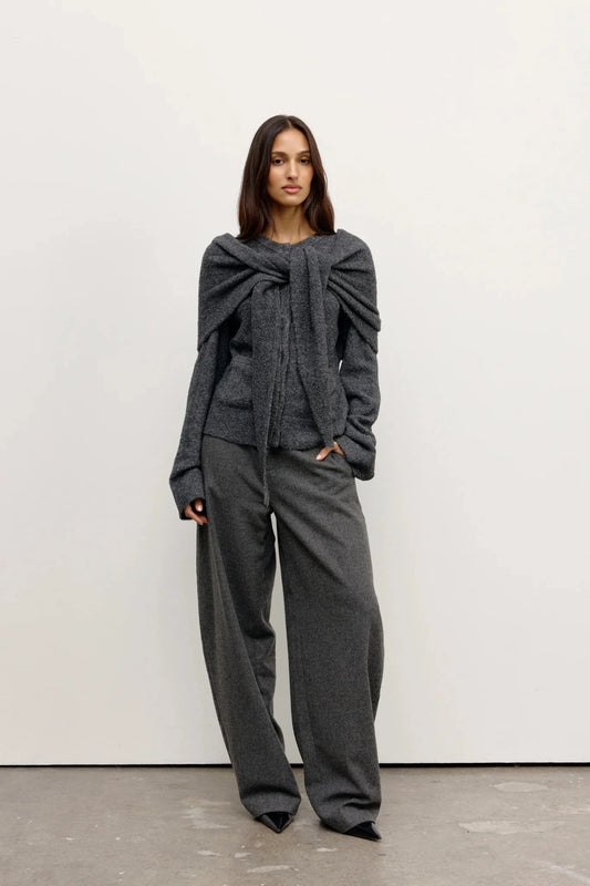 Cape Scarf Dark Heather Grey by Bayse – sculptural wool blend knit cape scarf for elevated cold weather layering.
