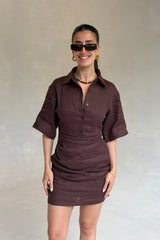 Vida Mini Dress in chocolate brown with short sleeves and a fitted silhouette on a plain white background.