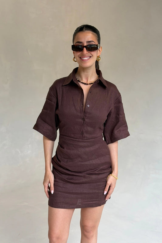 Vida Mini Dress in chocolate brown with short sleeves and a fitted silhouette on a plain white background.