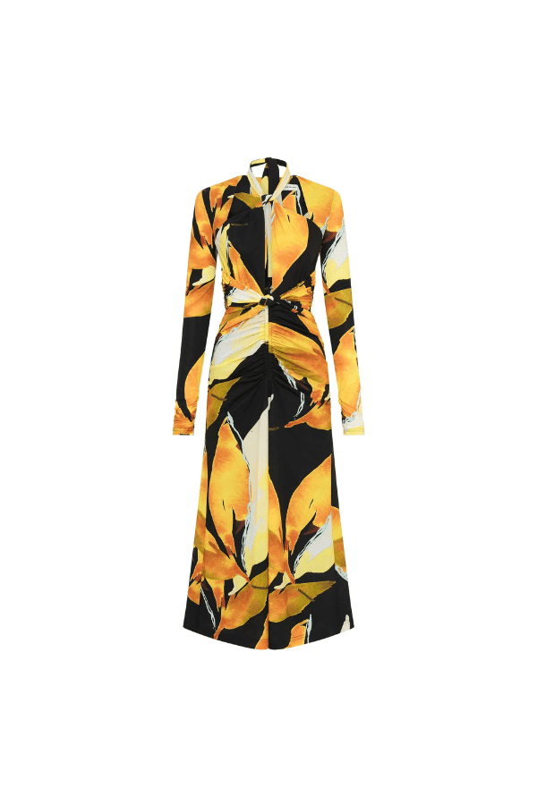Petals Of Paradise Long Sleeve Midi Dress Print by Rebecca Vallance – Printed jersey, tie neck, gathered waist, front