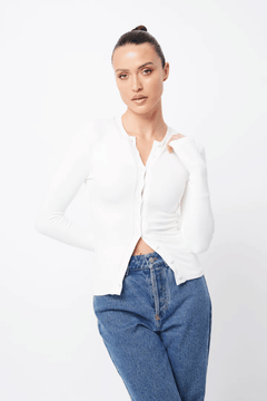 Lyon Cardigan White by Mossman, soft double-layer ribbed jersey with round neckline and thumb holes, perfect for trendy viral layering and cozy day-to-night style.