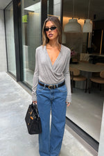 Ella Squire Draped Long Sleeve Bodysuit Grey