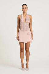 Tiano Mini Dress in Pink Stripe by Benni, blue stripe cotton halter mini with gathered waist, fixed wrap skirt detail and flattering fitted silhouette.