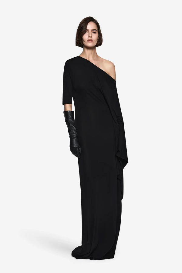 Liria Jersey Dress Black by Misha – full length stretch jersey dress with sleek body skimming silhouette.
