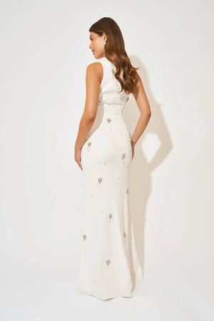 Crystal Maxi Dress by Odd Muse, a white bridal maxi with crystal and pearl detailing, high neckline and elegant fitted silhouette.

