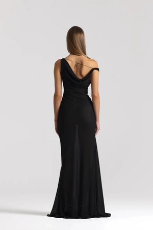 Anita Dress Black by Natalie Rolt featuring a sheer georgette silhouette, draped cowl neckline and asymmetrical skirt godets.