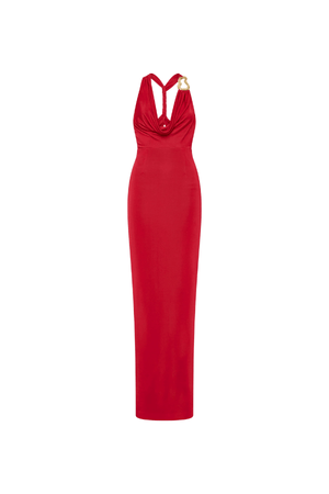 Carmine Halter Maxi Dress Red by Rebecca Vallance – A trendy, elegant maxi with a draped halter cowl, twisted racer back, and gold wire detail, perfect for standout special occasions.