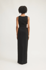 Valentina Dress Black by Tojhà – Sleek crepe maxi with curved waist cut-out and mesh detail, perfect for formal nights or chic events.