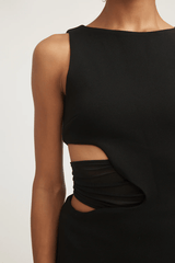 Valentina Dress Black by Tojhà – Sleek crepe maxi with curved waist cut-out and mesh detail, perfect for formal nights or chic events.