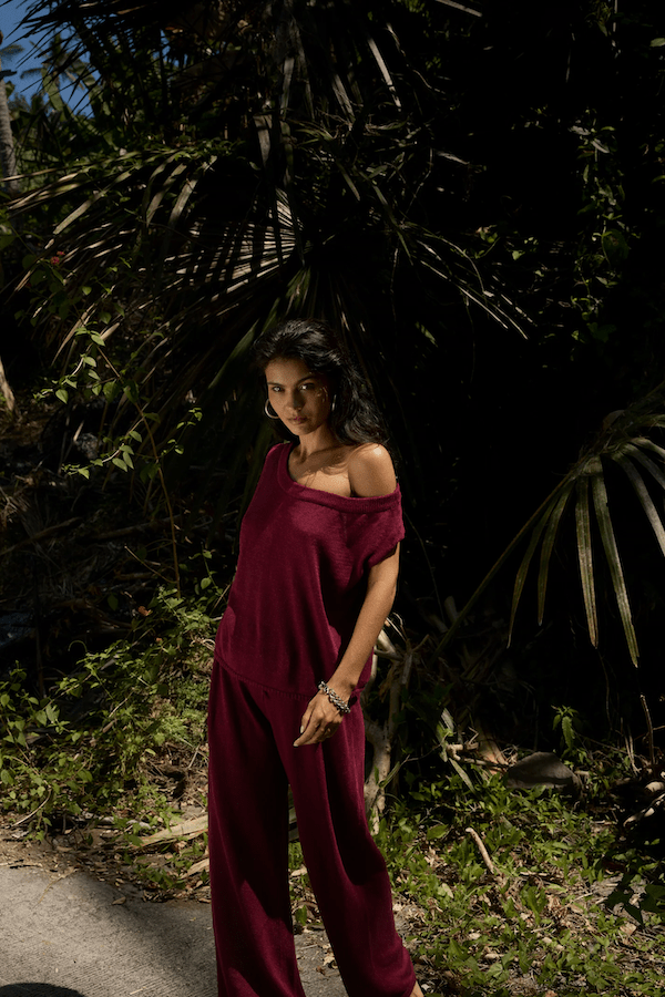 Knit Pants Plum by Summi Summi, relaxed and comfy with adjustable drawstring waist, made from breathable 100% linen, perfect for casual and lounging wear