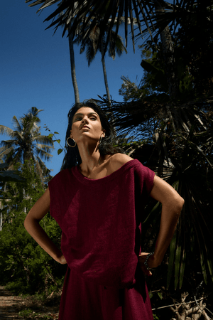 Knit Pants Plum by Summi Summi, relaxed and comfy with adjustable drawstring waist, made from breathable 100% linen, perfect for casual and lounging wear