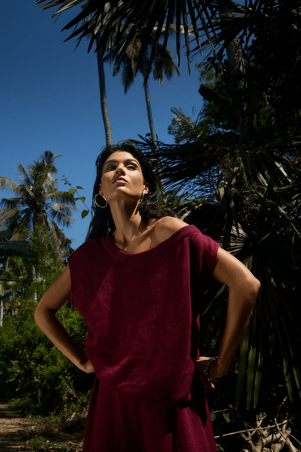 Knit Pants Plum by Summi Summi, relaxed and comfy with adjustable drawstring waist, made from breathable 100% linen, perfect for casual and lounging wear