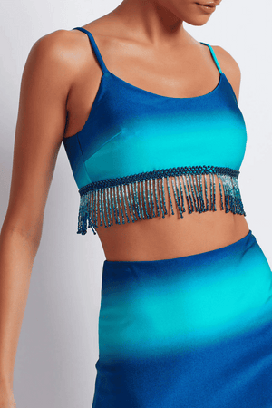 Ombre Beaded Cropped Top High Tide by PatBo, stunning limited-edition beaded crop with adjustable straps and back clasp, perfect for trendy events and viral fashion moments.