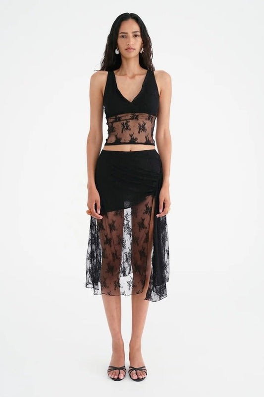 Margot Lace Tank Black by Benni — Romantic V-neck stretch lace tank with fully lined bust and sheer waist. Finished with lingerie trim. Pair with Flynn Midi Skirt.