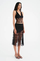 Margot Lace Tank Black by Benni — Romantic V-neck stretch lace tank with fully lined bust and sheer waist. Finished with lingerie trim. Pair with Flynn Midi Skirt.